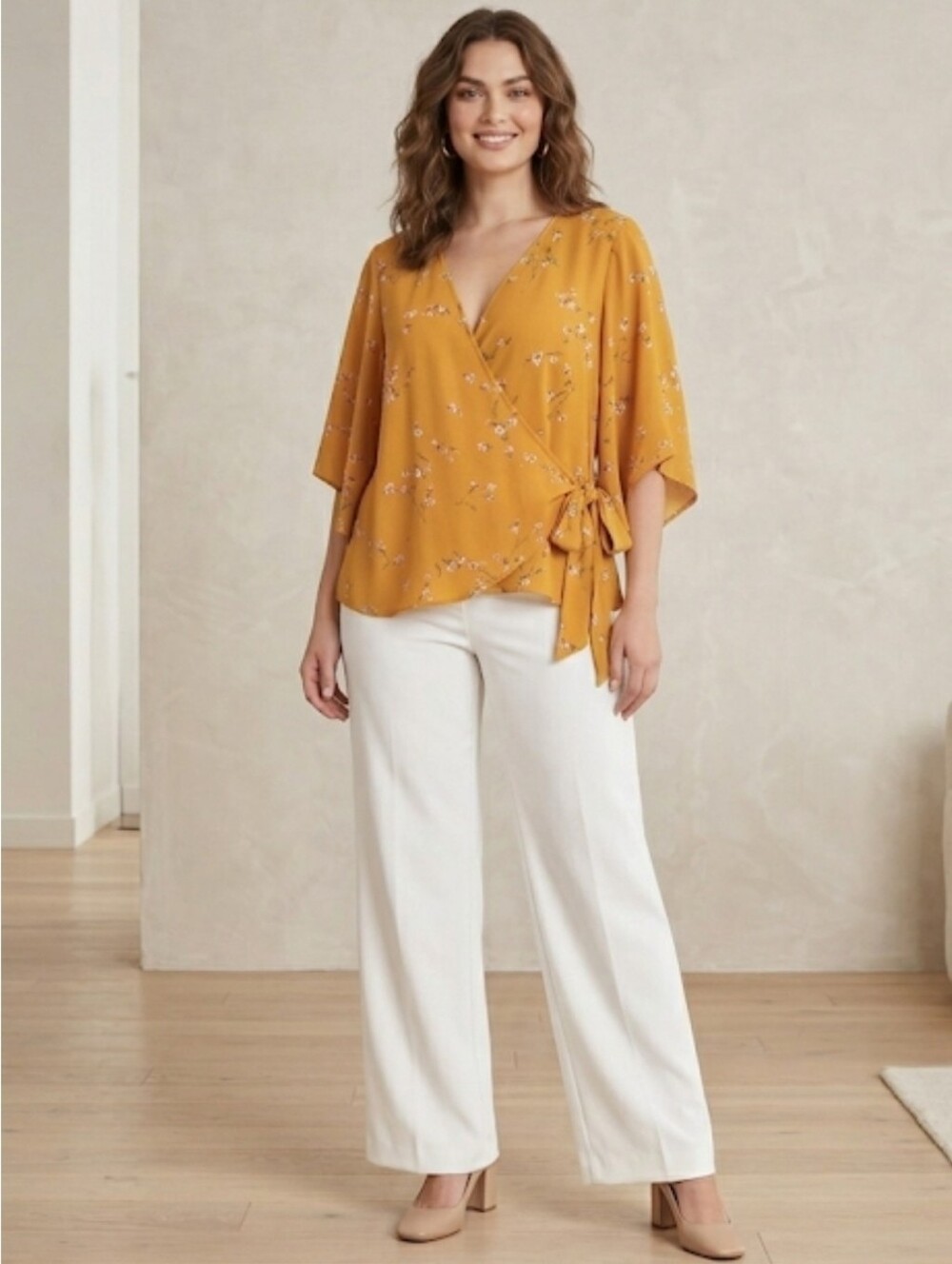 Express Mustard Floral Side-Tie Wrap Top Size L